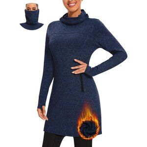 Women's Fleece Dress Running Sweatshirt Dress with Thumb Holes Pocket Zip-Blue